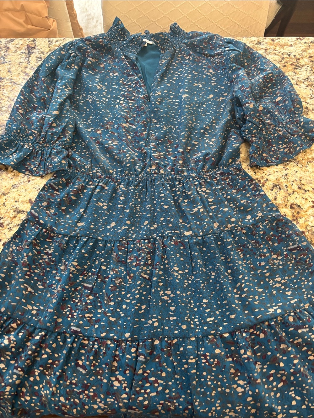Elan Teal Printed Tiered Midi Dress with Smocked Neckline